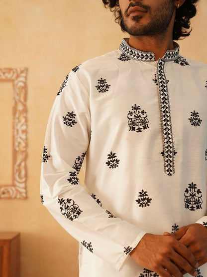 Men’s Floral Embroidered Sequinned Straight Kurta with Trousers & Dupatta – Festive Cotton Ensemble