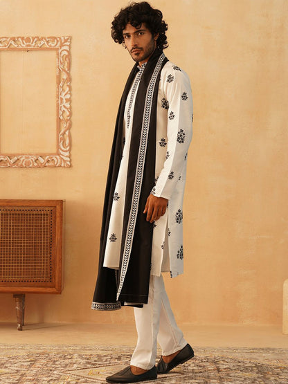 Men’s Floral Embroidered Sequinned Straight Kurta with Trousers & Dupatta – Festive Cotton Ensemble