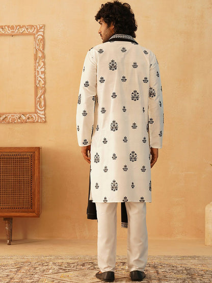 Men’s Floral Embroidered Sequinned Straight Kurta with Trousers & Dupatta – Festive Cotton Ensemble