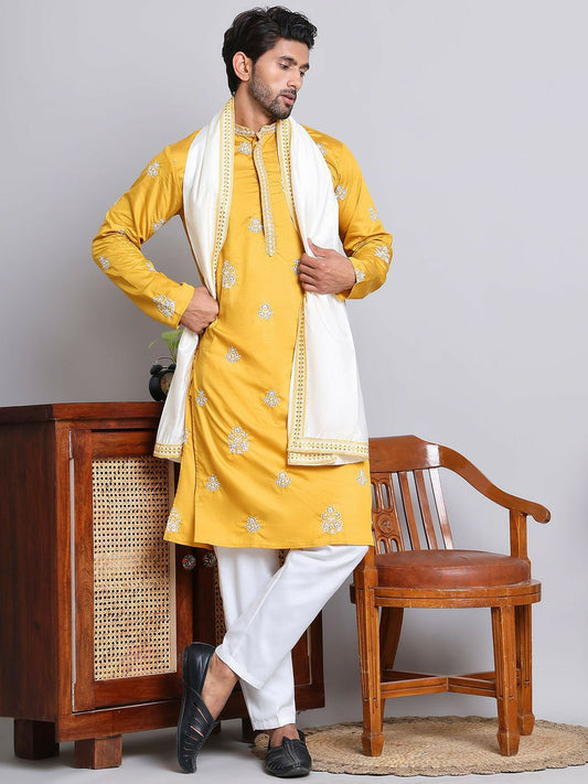 Men’s Floral Embroidered Sequinned Silk Cotton Kurta with Pyjamas & Dupatta – Festive Ethnic Set