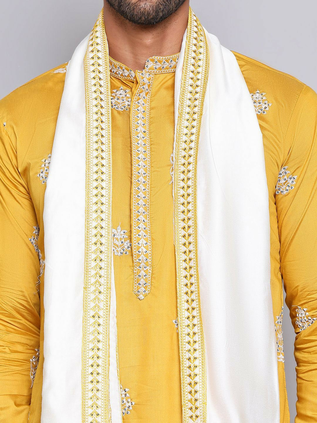 Men’s Floral Embroidered Sequinned Silk Cotton Kurta with Pyjamas & Dupatta – Festive Ethnic Set