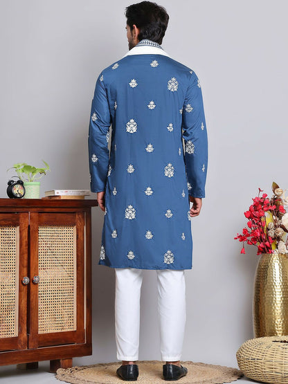 Floral Embroidered Silk Cotton Straight Kurta with Pyjamas & Dupatta – Elegant Festive Wear
