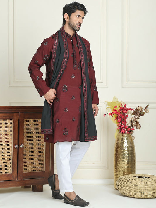 Men’s Floral Embroidered Mandarin Collar Straight Kurta with Pyjamas & Dupatta – Festive Ethnic Ensemble