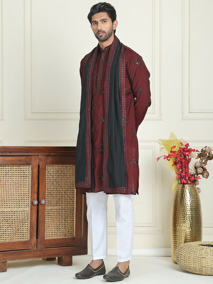 Men’s Floral Embroidered Mandarin Collar Straight Kurta with Pyjamas & Dupatta – Festive Ethnic Ensemble