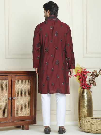 Men’s Floral Embroidered Mandarin Collar Straight Kurta with Pyjamas & Dupatta – Festive Ethnic Ensemble