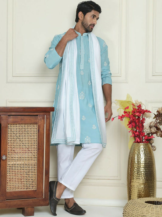 Men’s Floral Embroidered Mandarin Collar Straight Kurta with Pyjamas & Dupatta – Elegant Festive Ensemble