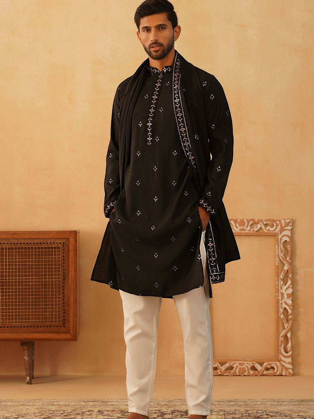 Ethnic Motifs Embroidered Sequinned Cotton Silk Kurta with Pyjamas & Dupatta – Festive Ensemble
