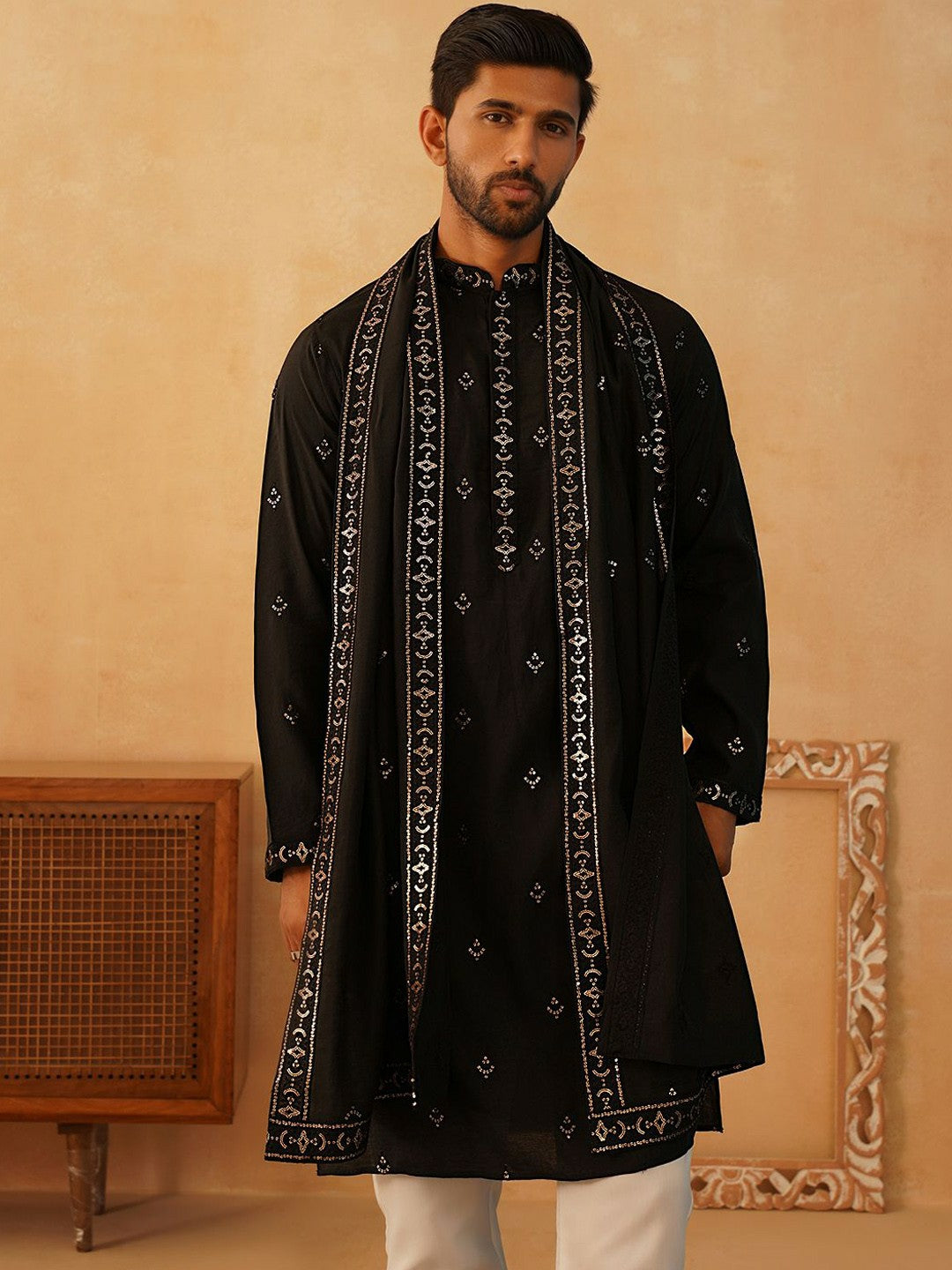 Ethnic Motifs Embroidered Sequinned Cotton Silk Kurta with Pyjamas & Dupatta – Festive Ensemble