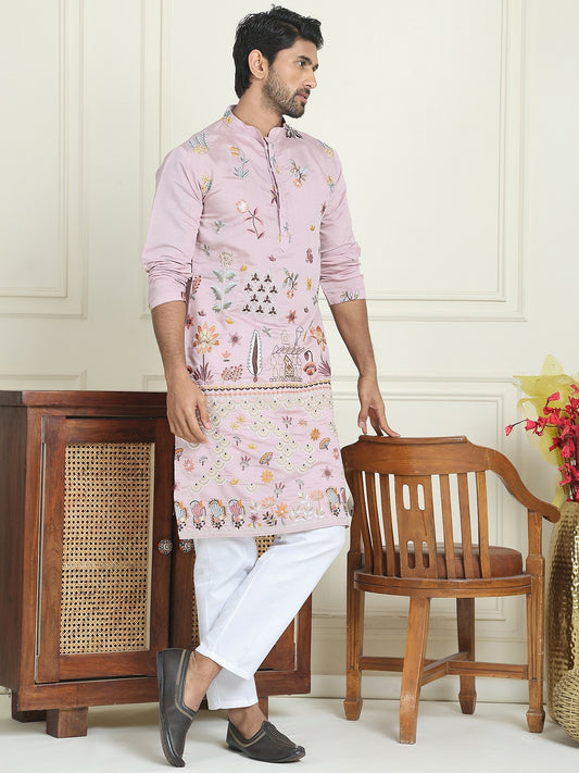 Floral Embroidered Thread Work Mandarin Collar Straight Kurta with Pyjamas – Elegant Festive Ensemble