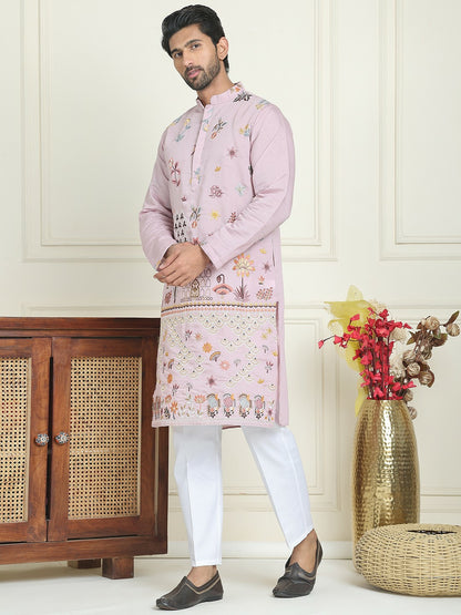 Floral Embroidered Thread Work Mandarin Collar Straight Kurta with Pyjamas – Elegant Festive Ensemble
