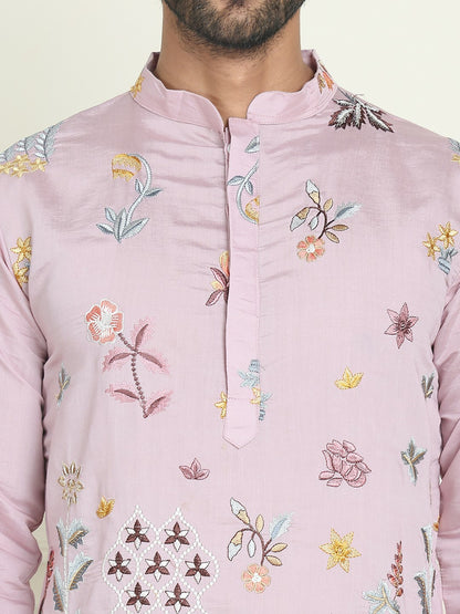 Floral Embroidered Thread Work Mandarin Collar Straight Kurta with Pyjamas – Elegant Festive Ensemble