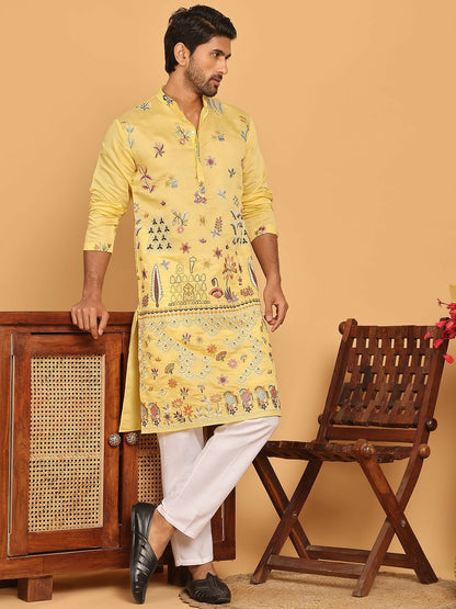 Floral Embroidered Thread Work Mandarin Collar Straight Kurta with Pyjamas – Elegant Festive Ensemble