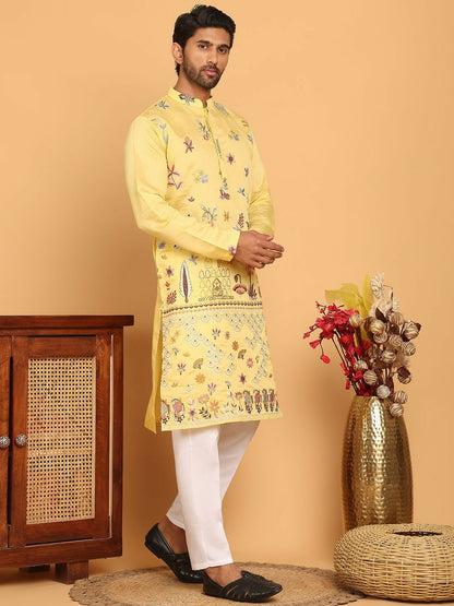 Floral Embroidered Thread Work Mandarin Collar Straight Kurta with Pyjamas – Elegant Festive Ensemble