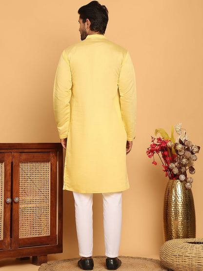 Floral Embroidered Thread Work Mandarin Collar Straight Kurta with Pyjamas – Elegant Festive Ensemble