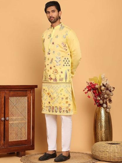 Floral Embroidered Thread Work Mandarin Collar Straight Kurta with Pyjamas – Elegant Festive Ensemble