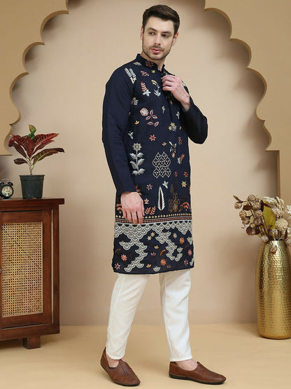 Floral Embroidered Thread Work Mandarin Collar Straight Kurta with Pyjamas – Elegant Festive Ensemble