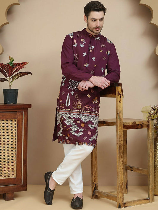 Floral Embroidered Thread Work Mandarin Collar Straight Kurta with Pyjamas – Elegant Festive Ensemble