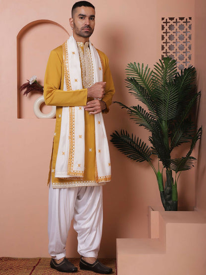 Embroidered Mandarin Collar Long Sleeves Kurta with Salwar & Dupatta – Elegant Festive Ensemble