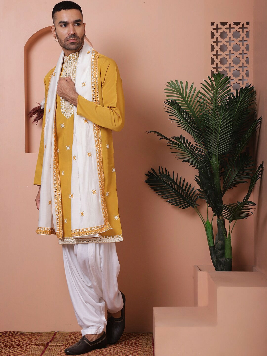 Embroidered Mandarin Collar Long Sleeves Kurta with Salwar & Dupatta – Elegant Festive Ensemble