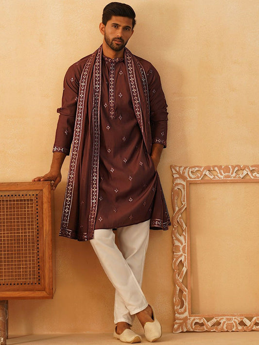 Floral Embroidered Sequinned Straight Kurta with Trousers & Dupatta – Elegant Festive Ensemble