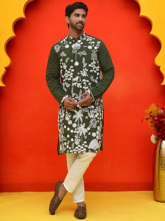 Floral Chikankari Embroidered Kurta with Pyjamas – Elegant Ethnic Set for Men