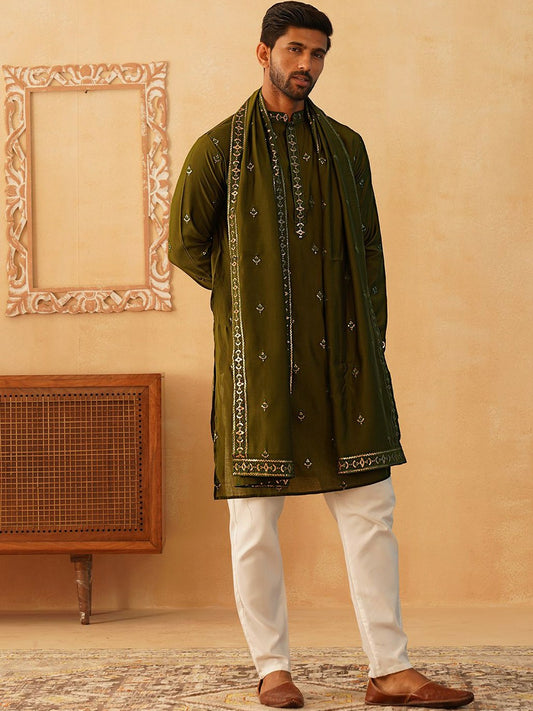 Floral Embroidered Kurta with Pyjamas & Dupatta – Elegant Festive Ensemble