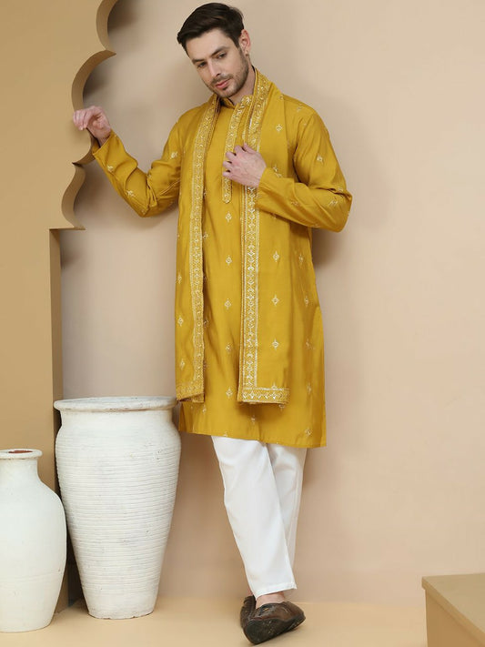 Floral Embroidered Sequinned Mandarin Collar Straight Kurta with Pyjamas & Dupatta – Elegant Festive Ensemble