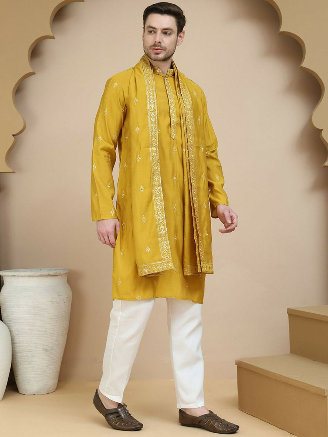 Floral Embroidered Sequinned Mandarin Collar Straight Kurta with Pyjamas & Dupatta – Elegant Festive Ensemble