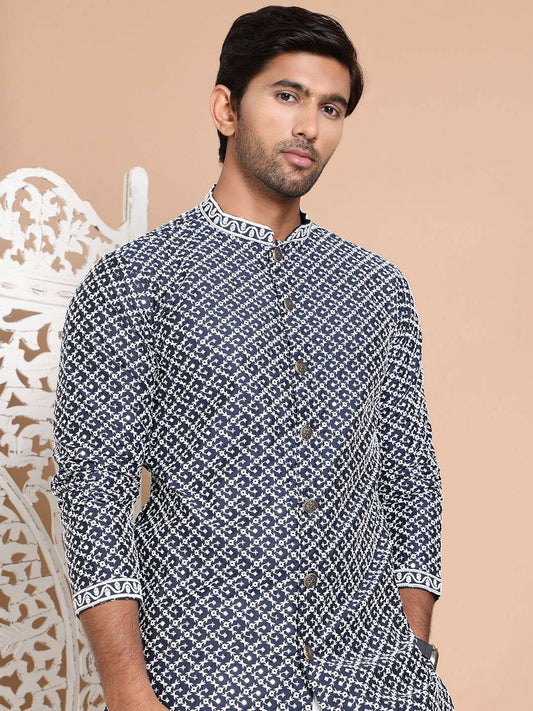 Men's Elegant Navy Embroidered Kurta Set with Pyjamas – Festive Wear