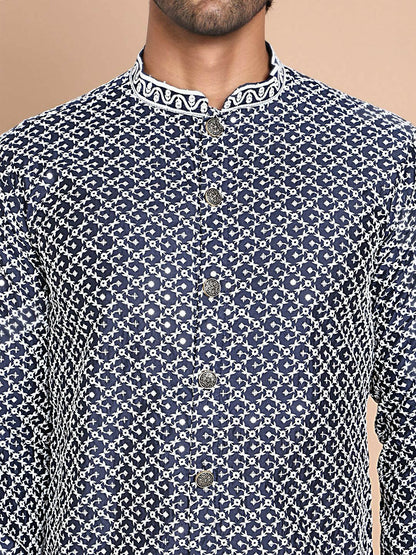 Men's Elegant Navy Embroidered Kurta Set with Pyjamas – Festive Wear