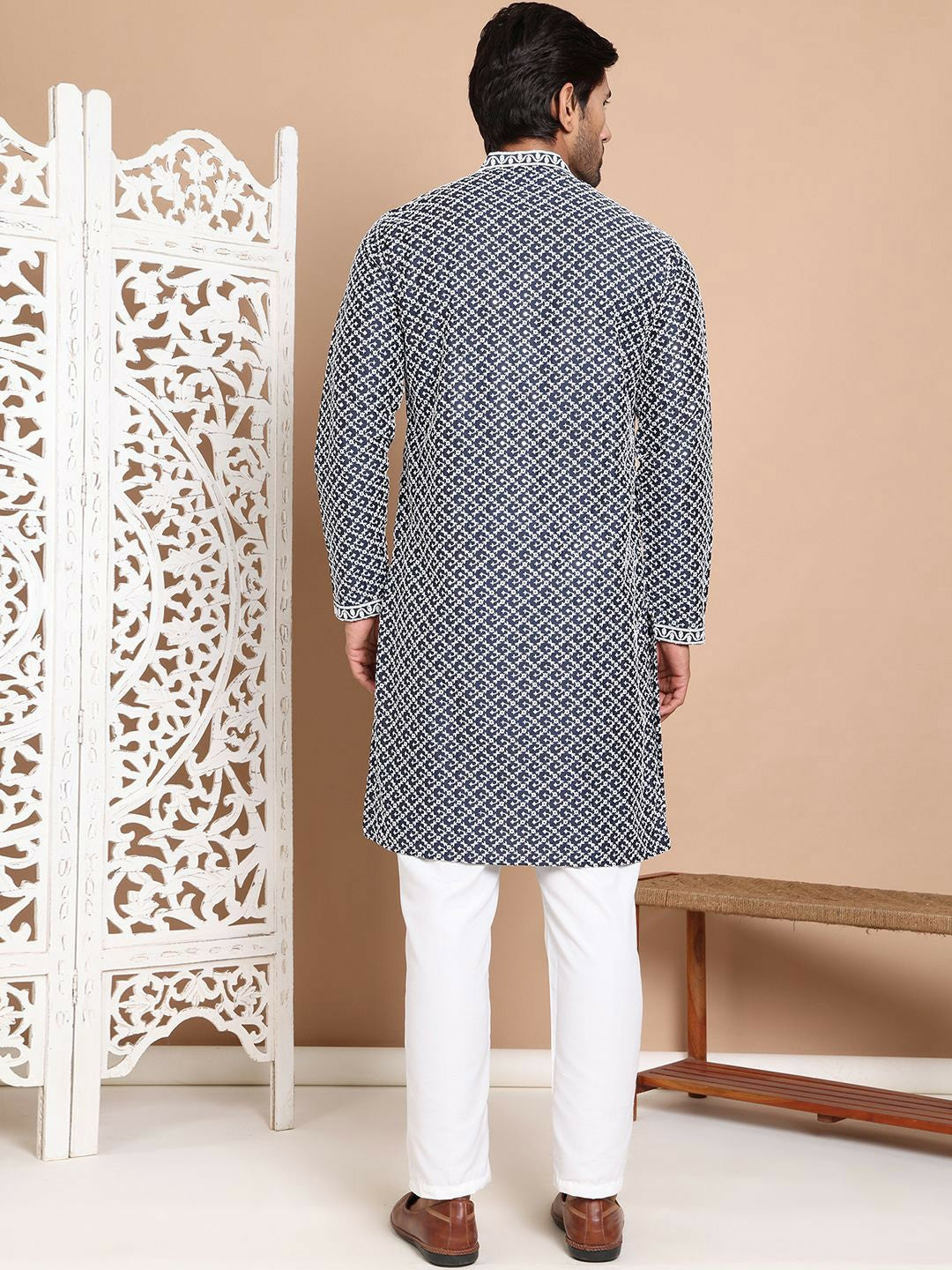 Men's Elegant Navy Embroidered Kurta Set with Pyjamas – Festive Wear