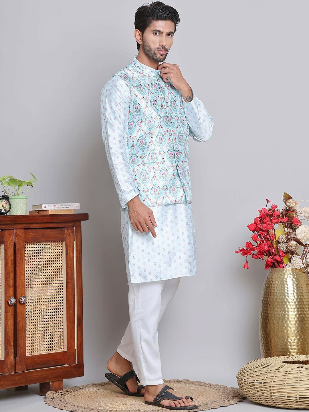 Men's Floral Printed Straight Kurta with Pyjamas – Breezy Festive Style