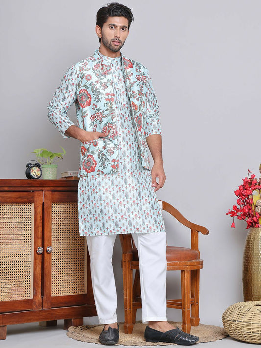 Men's Floral Printed Kurta with Pyjamas & Nehru Jacket – Elegant Festive Ensemble