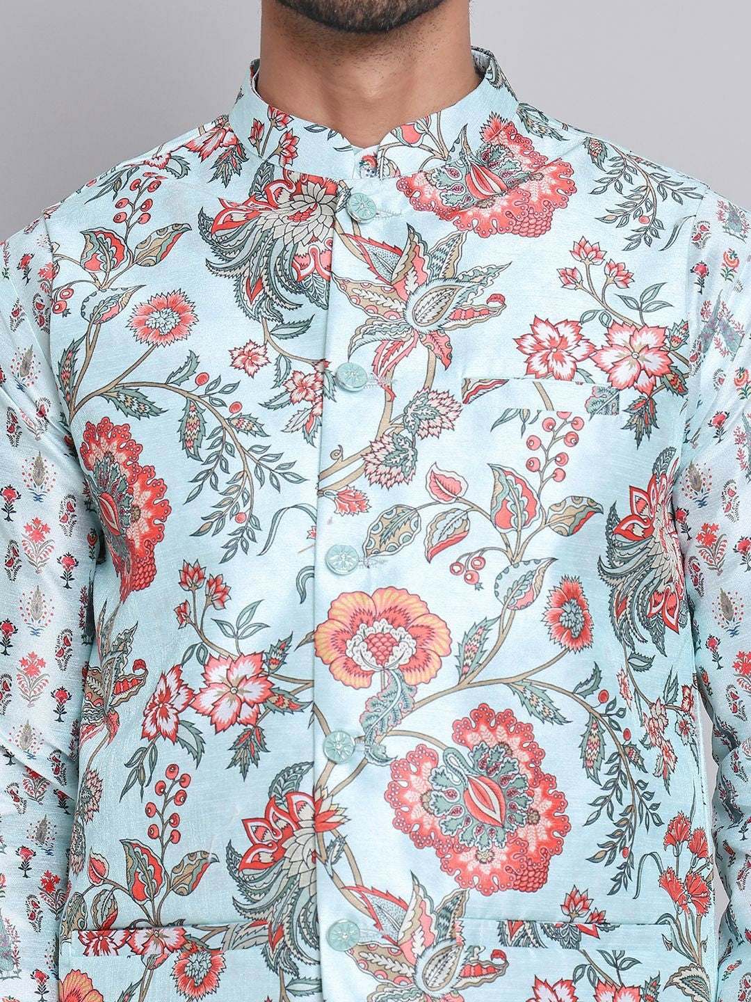 Men's Floral Printed Kurta with Pyjamas & Nehru Jacket – Elegant Festive Ensemble