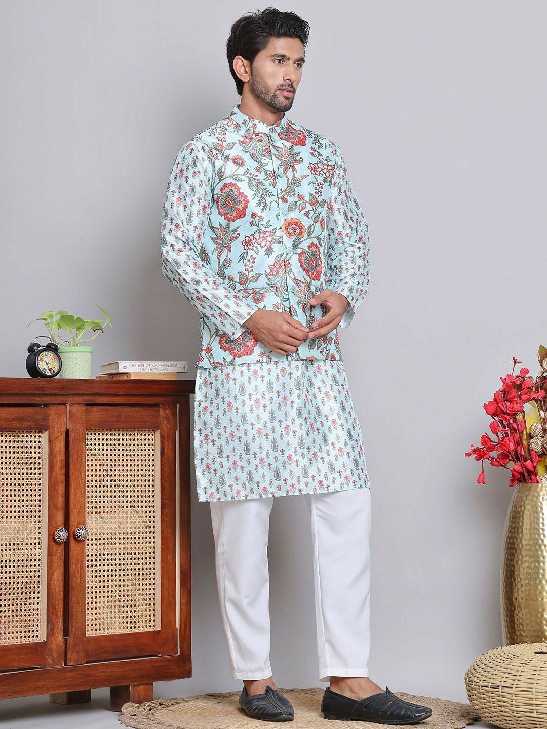 Men's Floral Printed Kurta with Pyjamas & Nehru Jacket – Elegant Festive Ensemble