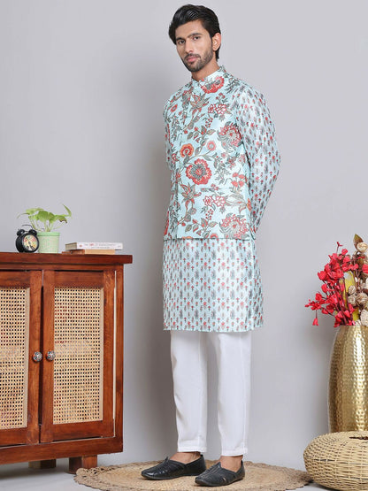 Men's Floral Printed Kurta with Pyjamas & Nehru Jacket – Elegant Festive Ensemble