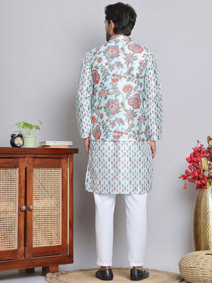 Men's Floral Printed Kurta with Pyjamas & Nehru Jacket – Elegant Festive Ensemble