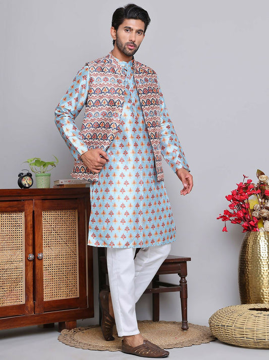 Men’s Floral Printed Kurta with Pyjamas & Nehru Jacket – Classic Festive Set