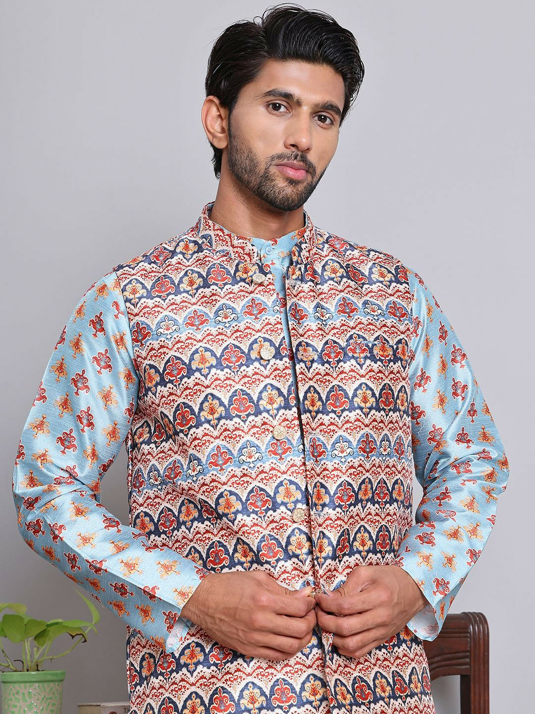Men’s Floral Printed Kurta with Pyjamas & Nehru Jacket – Classic Festive Set