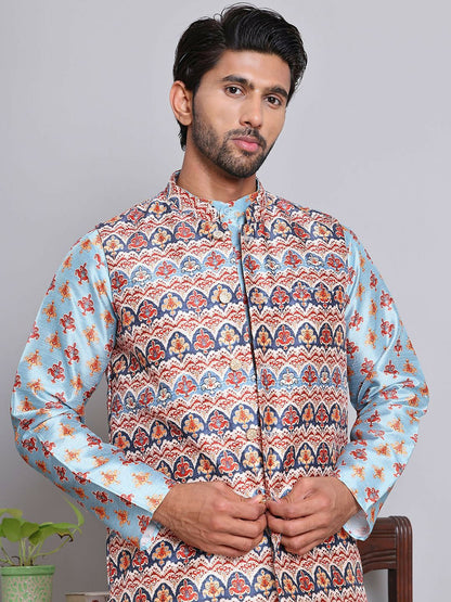 Men’s Floral Printed Kurta with Pyjamas & Nehru Jacket – Classic Festive Set