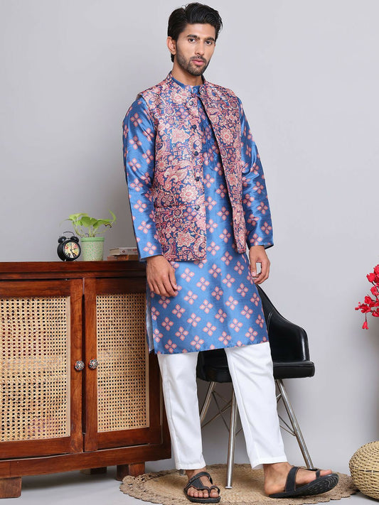 Floral Printed Kurta with Pyjamas & Nehru Jacket for Men – Elegant Ethnic Set