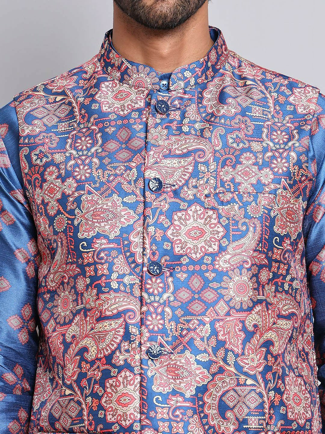 Floral Printed Kurta with Pyjamas & Nehru Jacket for Men – Elegant Ethnic Set