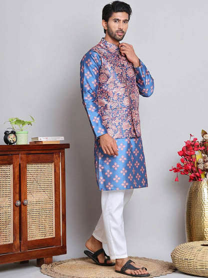 Floral Printed Kurta with Pyjamas & Nehru Jacket for Men – Elegant Ethnic Set