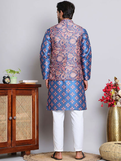 Floral Printed Kurta with Pyjamas & Nehru Jacket for Men – Elegant Ethnic Set