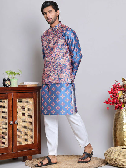 Floral Printed Kurta with Pyjamas & Nehru Jacket for Men – Elegant Ethnic Set