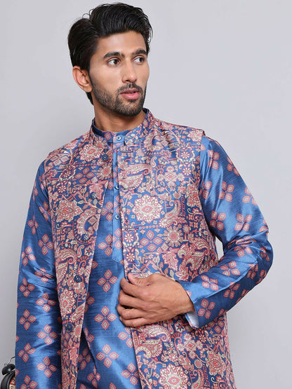 Floral Printed Kurta with Pyjamas & Nehru Jacket for Men – Elegant Ethnic Set