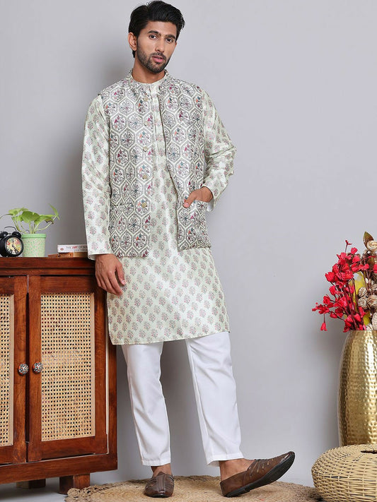 Men’s Floral Printed Kurta with Straight Pyjamas – Elegant Festive Look