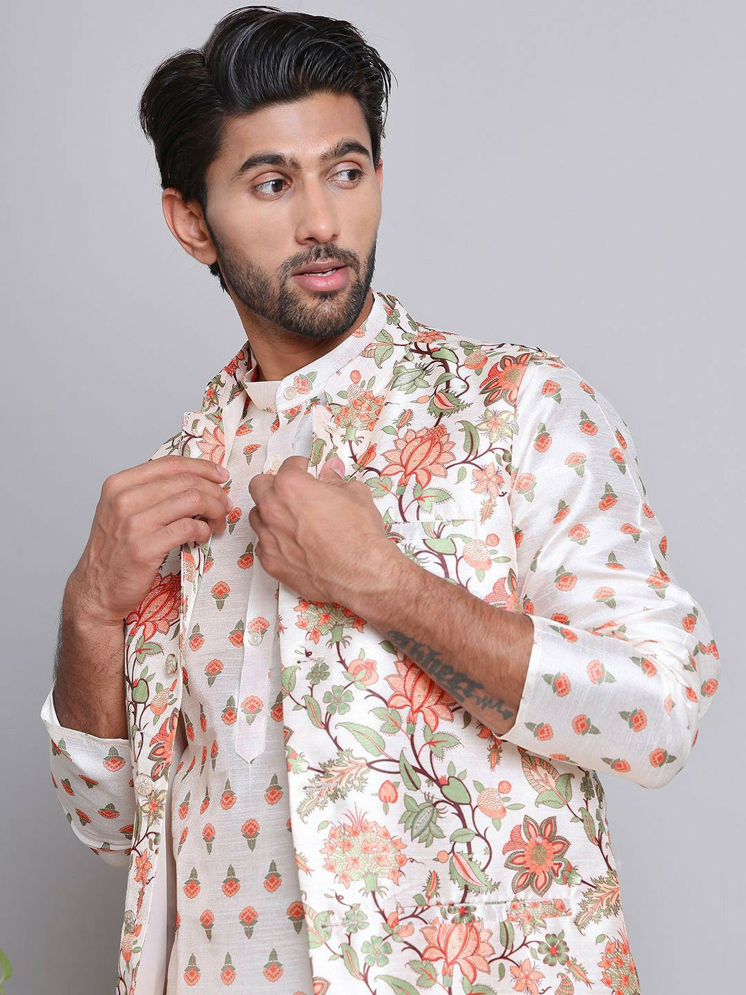 Men’s Floral Printed Straight Kurta with Pyjamas – Stylish Ethnic Wear