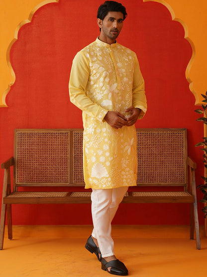 Men’s Floral Embroidered Chikankari Kurta with Pyjamas – Festive Wear