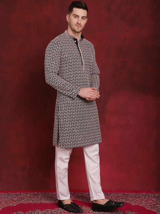 Men’s Geometric Embroidered Pure Cotton Straight Kurta with Pyjamas – Subtle Spark & Style